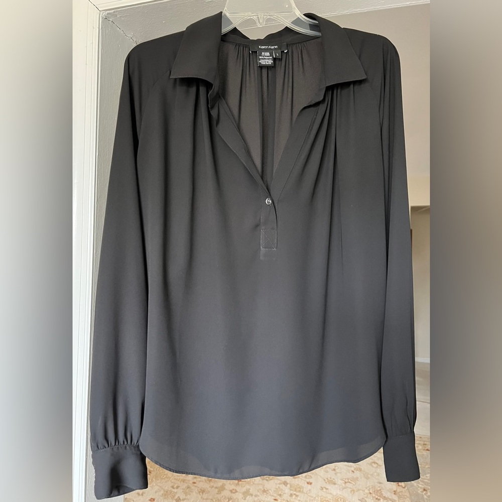 Karen Kane Black Split V Neck Collared Long Sleeve Popover Blouse Women Large